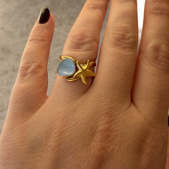 Gold Starfish Ring with Light Blue Accent - Picture 2 of 4